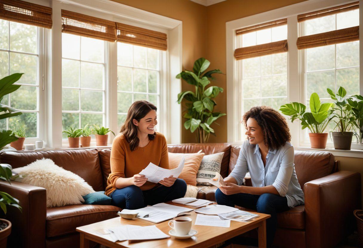 A warm, inviting scene depicting two people having a friendly conversation over a coffee table, surrounded by documents and insurance brochures, with a backdrop of a sunlit window showing lush greenery outside. Emphasize their genuine smiles and open body language to convey trust and connection. Include elements like a potted plant and personal touches like family photos on the wall to enhance the feeling of building relationships. super-realistic. warm colors. natural lighting.