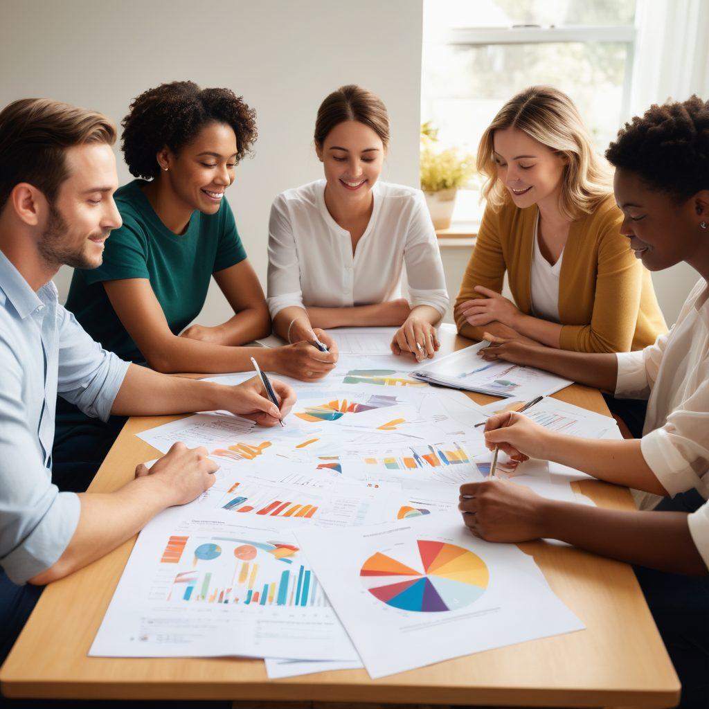 A warm, inviting scene with a diverse group of individuals sitting around a table, passionately discussing insurance options. The atmosphere is filled with compassion, showing empathetic gestures and supportive body language. Scatter documents and a laptop displaying charts and information on the table, illustrating guidance and teamwork. Soft, natural lighting enhances the feeling of trust and care. vibrant colors. super-realistic.